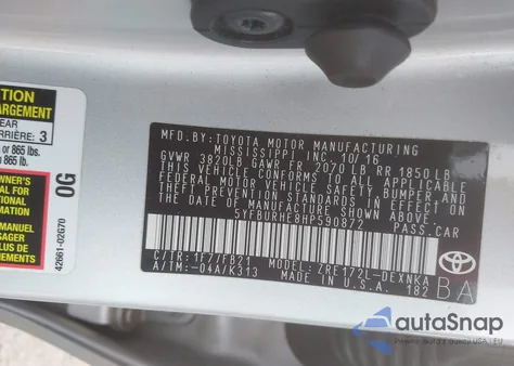 2017 Toyota Corolla Le из США, поврежденный, VIN 5YFBURHE8HP590872